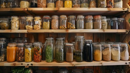 Shelf With Numerous Food Jars - obrazy, fototapety, plakaty