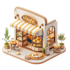 An artisan bakery shop in minimalistic isometric 3D clay rendering, with a welcoming array of baked goods and plants outside