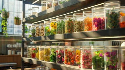 Modern shelves against a large window present an orderly array of herbs and flowers in glass jars, creating a fresh and lively botanical display.