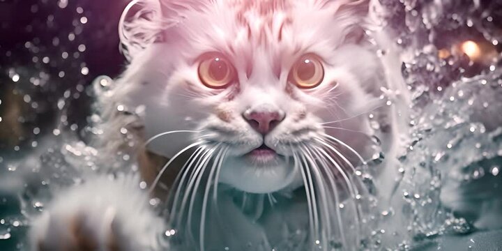 A cat is splashing in the water. 4K Video