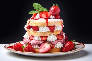 Mouthwatering slice of Strawberry Shortcake on a black background