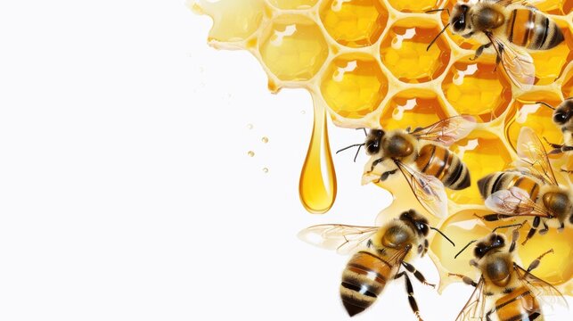 This image captures the essence of the hive, featuring bees in various states of flight, with a singular honey drip that glows like a beacon, accentuating the bees' vital role in our ecosystem.
