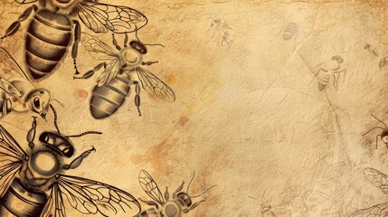 Detailed antique-style illustrations of bees, rendered with precision on a textured parchment background.