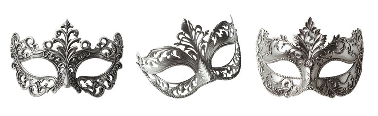 3 Silver carnival mask Isolated on transparent PNG background - obrazy, fototapety, plakaty