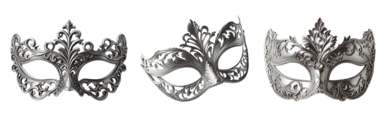 Zelfklevend Fotobehang 3 Silver carnival mask Isolated on transparent PNG background © SA Studio