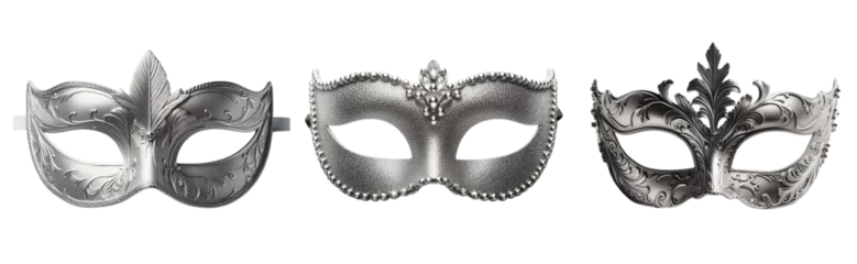 Zelfklevend Fotobehang 3 Silver carnival mask Isolated on transparent PNG background © SA Studio