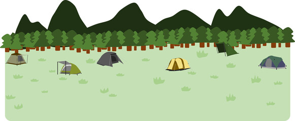 山のふもとでキャンプをしているイラスト