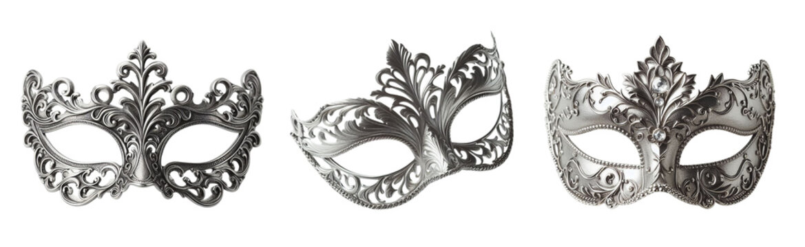 3 Silver carnival mask Isolated on transparent PNG background