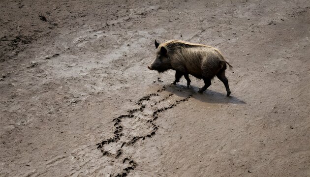 A Boar With A Trail Of Footprints In The Mud Mark