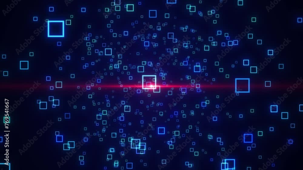 Poster multi color geometric shape animation digital high tech futuristic square shape moving on black back
