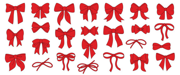 Set of colorful simple decorative holiday ribbon bows for gifts, for decorating hair on transparent background. For gift wrapping for birthday, Christmas, New Year. Isolated Flat Vector EPS10