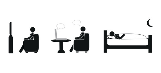 pictogram of a human figure, watching TV, online communication, freelancing, learning via laptop, time of day at night, a person sleeping on a bed, stick, icon, flat vector illustration