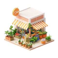 Groceries store in a minimalistic isometric 3D clay render, with fresh produce displayed outside