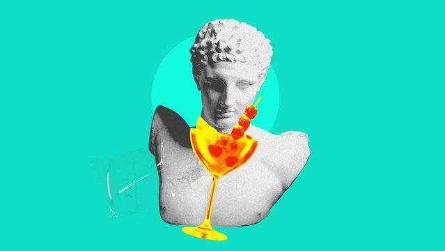 Male antique statue bust and sweet and sour cocktail over pastel blue background. Stop motion, animation. Concept of party, surrealism, alcohol drinks. Pop art. Noise, grainy effect