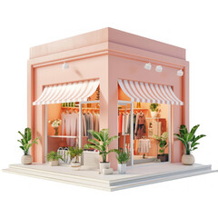 Fashion boutique minimalistic isometric 3D clay rendering, showcasing the latest trends with potted plants adding a touch of nature outside