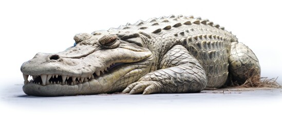 crocodile sleep and open his mouth .isolated on white photo - realistic, ultra sharp, simplicity - obrazy, fototapety, plakaty