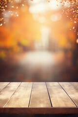 Naklejka na ściany i meble Empty blank wooden table fall background with autumn trees orange yellow color leaves backdrop forest or park nature scene abstract blurred bokeh tabletop for product display desk mockup. Copy space .