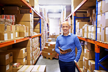 Tablet, portrait or mature man with factory logistics for a delivery order in workshop on internet by boxes. Online, smile or supply chain for ecommerce product, package or wholesale cargo shipping