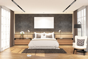 3d rendering interior of bedroom with frame mock up. Parquet tile floor and concrete wall background. Set 2