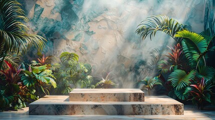 transformed marble podium and wall overtaken by lush, vibrant flora in a tropical nightclub...