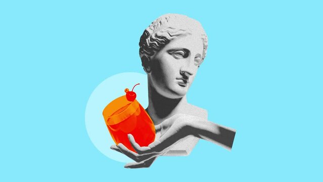 Female antique statue bust and sweet and sour cocktail on pastel blue background. Stop motion, animation. Contemporary art. Concept of party, surrealism, alcohol drinks. Pop art. Noise, grainy effect