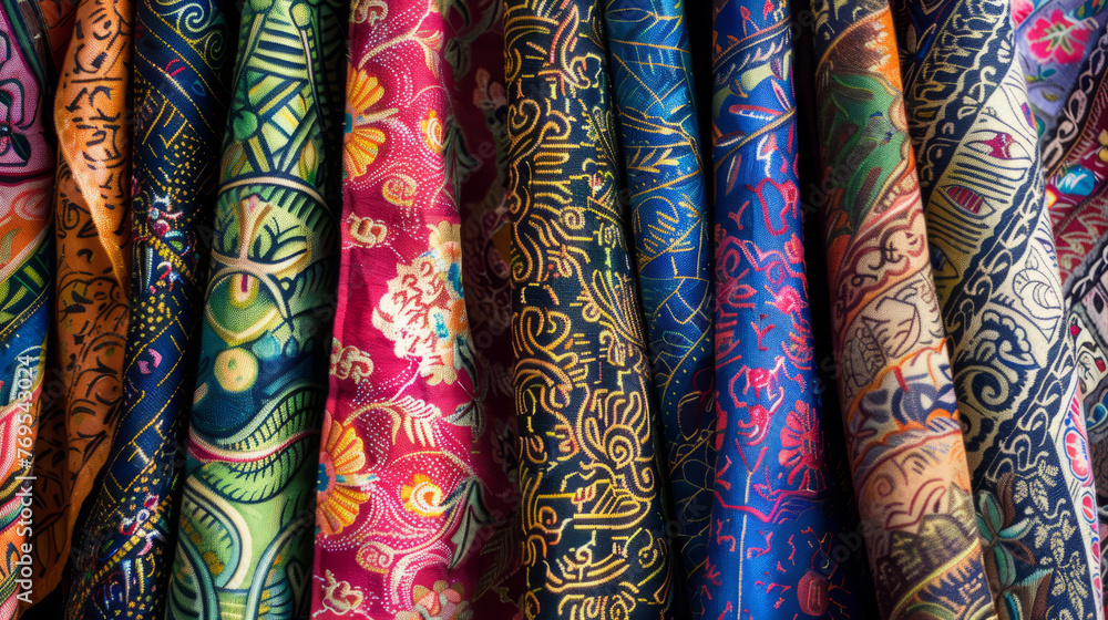 Poster an array of vibrant textiles hanging side by side, displaying a variety of patterns and colors in a 