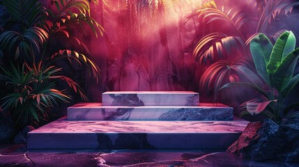 transformed marble podium and wall overtaken by lush, vibrant flora in a tropical nightclub setting. Cinematic, vibrant, and minimalist atmosphere. - obrazy, fototapety, plakaty