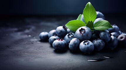 Closeup of ripe blueberries with water drops and leaves on dark table. Summer fruits blueberry background. Food photography.