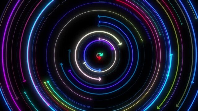 Neon Circle Shape Rotate With Arrow Direction Fast Moving On Black Background. Digital Circle Shape Rotating And Animation On Black Background, Circle Shape Neon Seamless Vj Loop Abstract Motion Anima