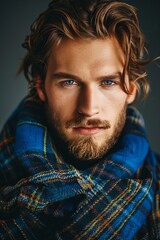 Fototapeta premium a quarter length portrait of a handsome Scotsman with intense eyes, wearing traditional classic Scottish clothing, plaid, tartan in blue and black patterns --ar 