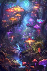 A whimsical digital painting of an enchanted forest with glowing mushrooms and fairies, creating a magical atmosphere. The background is dark to highlight the vibrant colors in the scene. In the cent