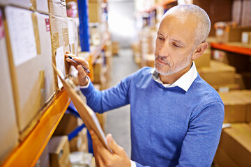 Checklist, factory or mature man with warehouse logistics for delivery order, storage or stock on...