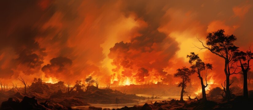 The painting depicts a raging fire consuming the trees in a forest. Flames leap high as thick smoke billows upwards, creating a scene of destruction and danger in nature.
