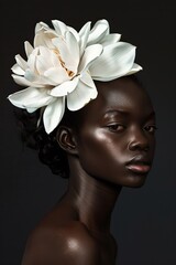 Black woman with a white flower on her head, studio photography, high contrast, fashion p