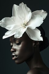 Black woman with a white flower on her head, studio photography, high contrast, fashion photography, minimalism, award winning photography in the style of Dana Trippe and Peter Lindber - obrazy, fototapety, plakaty