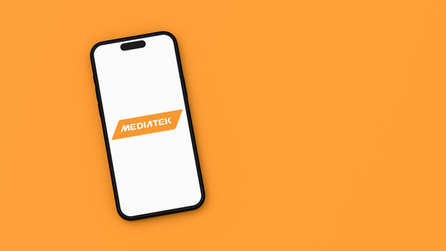 MediaTek Logo on Mobile Phone Screen on Orange Background with Copy Space