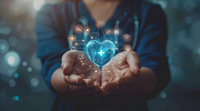 Hands holding a glowing health insurance symbol. Healthcare and medical welfare concept. Design for healthcare services and medical insurance articles with copy space. Conceptual composition