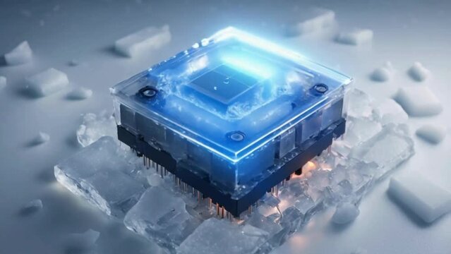 A microcontroller emerging from a block of ice, with lights blinking as it powers up.