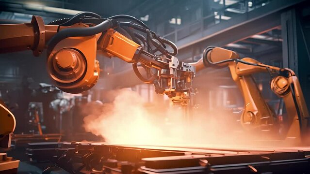 Arm of automobile production line. Large production line with industrial robot arms at modern factory. Automated Manufacturing Facility
