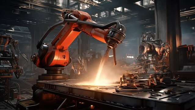 Arm of automobile production line. Large production line with industrial robot arms at modern factory. Automated Manufacturing Facility