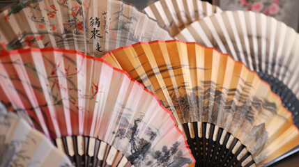 An array of traditional Japanese folding fans with beautiful designs and a variety of colors