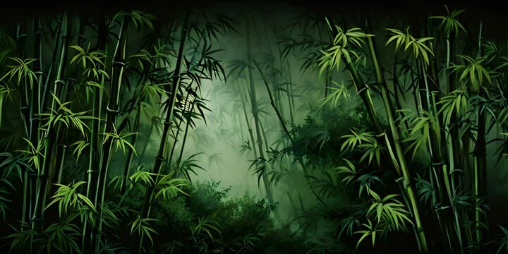 A group of green bamboo trees with leaves on them in the dark. 4K Video