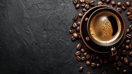 A bold and beautiful cup of black coffee is placed on a rustic black background, creating a captivating blend of elegance as it is surrounded by coffee beans. - obrazy, fototapety, plakaty