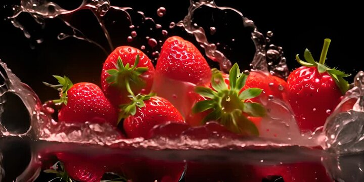 A group of strawberries splashing into water on a black background with a splash of water on the top of the strawberries and on the bottom of the image. 4K Video