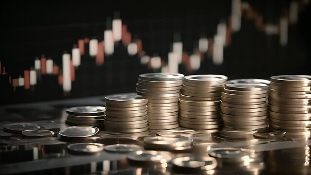 Stack of coins with trading chart in financial on background. Financial investment business stock growth economy banking management concept. Profit exchange currency digital economic trade