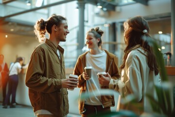 Coffee Break Conversation: A candid moment of three friends or colleagues conversing, each holding a coffee cup and sharing smiles in a modern, well-lit interior setting.
