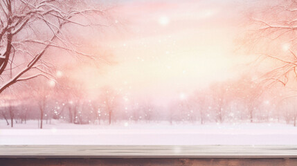 Wooden table snowy trees winter nature bokeh background, empty wood desk product display mockup...