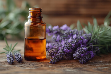 Aromatherapy essential oils with lavender flowers on wooden table. Wellness and natural spa concept. Design for beauty and natural health care products with copy space