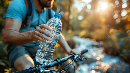 Cyclist hydrating with water bottle - obrazy, fototapety, plakaty