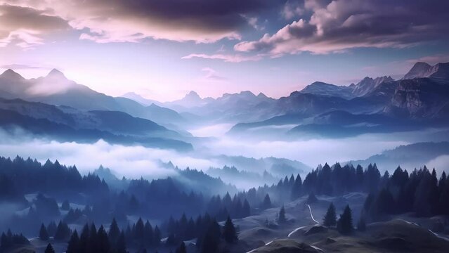 Mountains in fog at beautiful night in autumn in Dolomites, Italy. Landscape with alpine mountain valley, low clouds, forest, purple sky